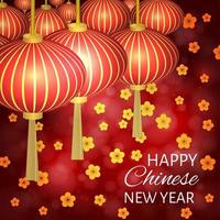 Chinese new year vector illustration with lanterns and cherry blossom on bright red bokeh background. Easy to edit template. Can be used as greeting cards, banners, invitations etc.