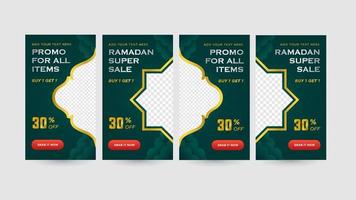 Social Media Stories Promotion for Ramadan Sale set with elegant Green and gold gradient colors with empty space for image vector