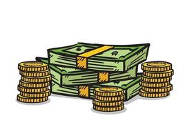 Sketch style doodle illustration of pile of money with coins vector