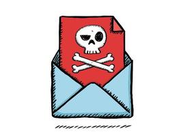 Colorful sketch style doodle illustration of email with virus icon. vector