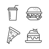 conjunto de iconos de comida y bebida. pizza, pastel, hamburguesa, ilustración aislada en fondo blanco para gráficos y diseño web. vector