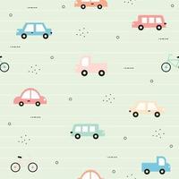 Colorful car pattern background and background with bicycles Cute patterns for children Design ideas used for printing, background, gift wrapping, baby clothes, textile, vector illustration