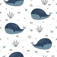 Nursery seamless pattern whale in the sea hand drawn design in cartoon style Use for textiles, prints, wallpapers, vector illustration