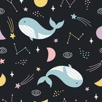 Nursery seamless Blue whale and space pattern Use for textiles, prints, wallpapers, vector illustration