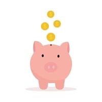 Pink Piggybank icons and dollar coins being put in the piggy bank Simple and modern design Used for website illustration. Vector illustration isolated on white background.