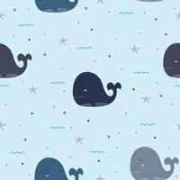 Seamless pattern on the background of marine life with whales Cute animal cartoon characters Design used for printing, background, gift wrapping, baby clothes, textile, vector illustration