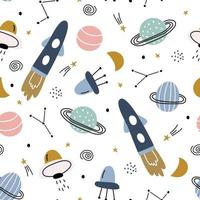 Nursery seamless pattern space background spaceship with planets on white background vector