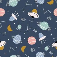 Baby seamless pattern space background with UFO and planets on a dark blue background hand drawn style cartoon design vector