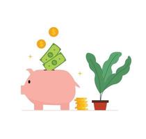 Pink Piggybank icon and the dollar bank that is currently being put in the piggy bank Modern design Used for website illustration. Money saving ideas. Vector illustration isolated on white background.