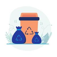 Trash bin and trash bag. Ecology and environment icon illustration. Flat vector suitable for many purposes.