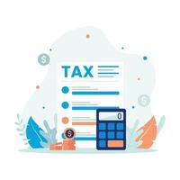 Tax paper illustration, service tax document with calculator and money coin icon. Flat vector suitable for many purposes.