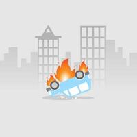 el auto se incendió debido a un accidente en las calles de una gran ciudad. accidente automovilistico vector