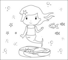 Mermaid Coloring Page 37, Cute mermaid with goldfishes, green grass, water bubbles on background, vector black and white coloring page.