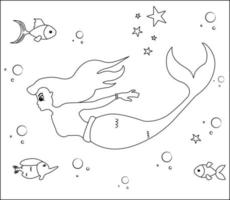 Mermaid Coloring Page 27, Cute mermaid with goldfishes, green grass, water bubbles on background, vector black and white coloring page.