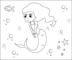 Mermaid Coloring Page 25, Cute mermaid with goldfishes, green grass, water bubbles on background, vector black and white coloring page.