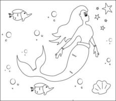 sirena coloreando página 24, sirena linda con peces dorados, hierba verde, burbujas de agua en el fondo, página de coloreado vectorial en blanco y negro. vector