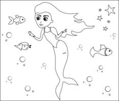 Mermaid Coloring Page 22, Cute mermaid with goldfishes, green grass, water bubbles on background, vector black and white coloring page.