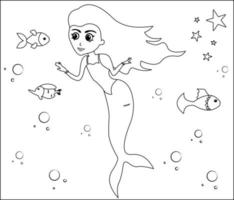 sirena coloreando página 22, sirena linda con peces dorados, hierba verde, burbujas de agua en el fondo, página de coloreado vectorial en blanco y negro. vector