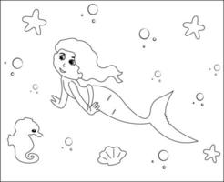 Mermaid Coloring Page 18, Cute mermaid with goldfishes, green grass, water bubbles on background, vector black and white coloring page.