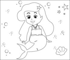 Mermaid Coloring Page 6, Cute mermaid with goldfishes, green grass, water bubbles on background, vector black and white coloring page.