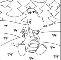 Dragon Coloring Page 49. Cute Dragon with nature, green grass, trees on background, vector black and white coloring page.