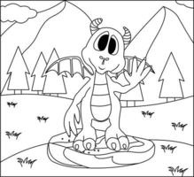 Dragon Coloring Page 42. Cute Dragon with nature, green grass, trees on background, vector black and white coloring page.