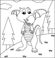 Dragon Coloring Page 48. Cute Dragon with nature, green grass, trees on background, vector black and white coloring page.