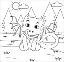 Dragon Coloring Page 34. Cute Dragon with nature, green grass, trees on background, vector black and white coloring page.