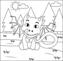 Dragon Coloring Page 34. Cute Dragon with nature, green grass, trees on background, vector black and white coloring page.