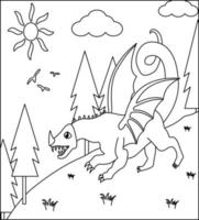 Dragon Coloring Page 24. Cute Dragon with nature, green grass, trees on background, vector black and white coloring page.