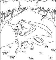 Dragon Coloring Page 25. Cute Dragon with nature, green grass, trees on background, vector black and white coloring page.