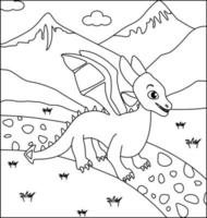 Dragon Coloring Page 6. Cute Dragon with nature, green grass, trees on background, vector black and white coloring page.