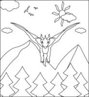 Dragon Coloring Page 3. Cute Dragon with nature, green grass, trees on background, vector black and white coloring page.