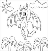 Dragon Coloring Page 1. Cute Dragon with nature, green grass, trees on background, vector black and white coloring page.