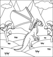 Dragon Coloring Page 2. Cute Dragon with nature, green grass, trees on background, vector black and white coloring page.