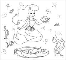 Mermaid Coloring Page 38, Cute mermaid with goldfishes, green grass, water bubbles on background, vector black and white coloring page.