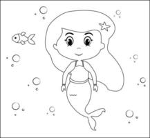 sirena coloreando página 16, sirena linda con peces dorados, hierba verde, burbujas de agua en el fondo, página de coloreado vectorial en blanco y negro. vector