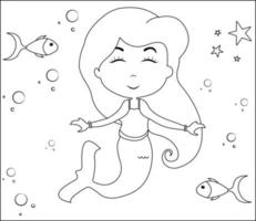 Mermaid Coloring Page 15, Cute mermaid with goldfishes, green grass, water bubbles on background, vector black and white coloring page.