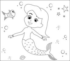 Mermaid Coloring Page 11, Cute mermaid with goldfishes, green grass, water bubbles on background, vector black and white coloring page.