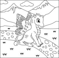 Dragon Coloring Page 45. Cute Dragon with nature, green grass, trees on background, vector black and white coloring page.