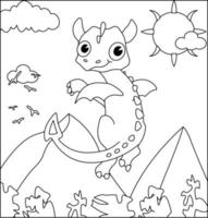 Dragon Coloring Page 37. Cute Dragon with nature, green grass, trees on background, vector black and white coloring page.