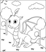 dragón para colorear página 38. lindo dragón con naturaleza, hierba verde, árboles en el fondo, vector página para colorear en blanco y negro.