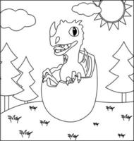 Dragon Coloring Page 46. Cute Dragon with nature, green grass, trees on background, vector black and white coloring page.