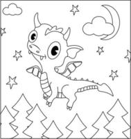 Dragon Coloring Page 40. Cute Dragon with nature, green grass, trees on background, vector black and white coloring page.