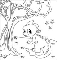 Dragon Coloring Page 30. Cute Dragon with nature, green grass, trees on background, vector black and white coloring page.