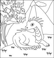 Dragon Coloring Page 29. Cute Dragon with nature, green grass, trees on background, vector black and white coloring page.