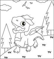 Dragon Coloring Page 23. Cute Dragon with nature, green grass, trees on background, vector black and white coloring page.