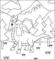 Dragon Coloring Page 32. Cute Dragon with nature, green grass, trees on background, vector black and white coloring page.