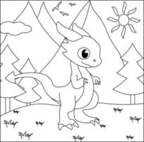 Dragon Coloring Page 21. Cute Dragon with nature, green grass, trees on background, vector black and white coloring page.