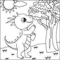 Dragon Coloring Page 19. Cute Dragon with nature, green grass, trees on background, vector black and white coloring page.